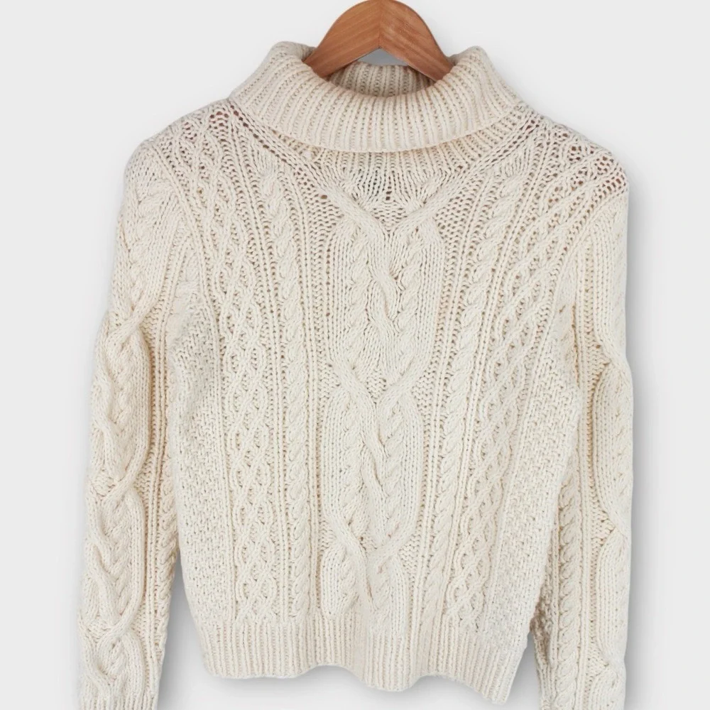 Lauren Ralph Lauren Petite Hand Knit Cream Wool Fisherman Turtleneck Sweater P/P
